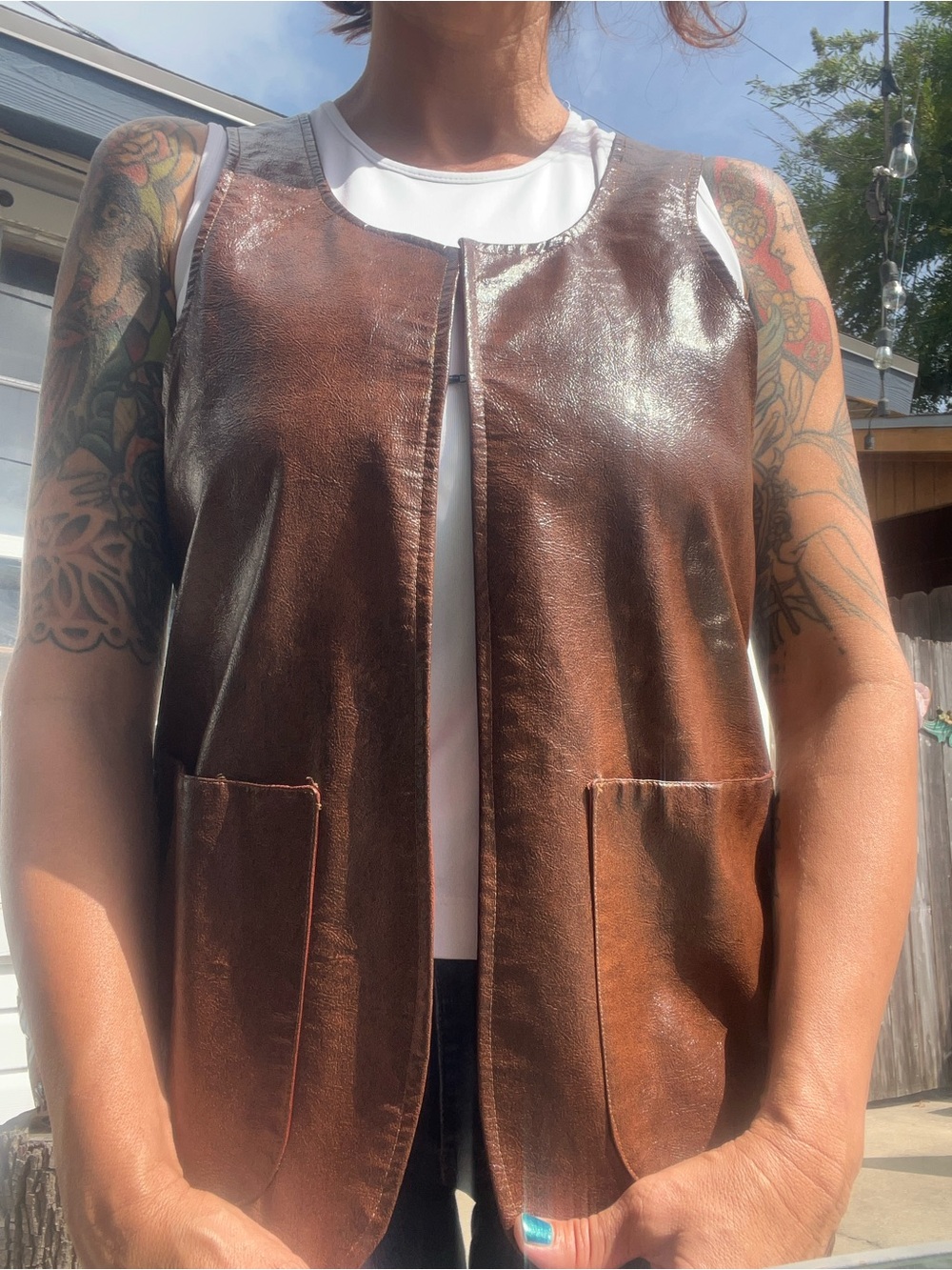 VINTAGE WIPPETTE Dark Brown Faux Leather Sleeveless Vest with Patch Pockets